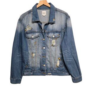 Kensie Denim Jacket Womens Large Bling Embellished Distressed Rodeo Western